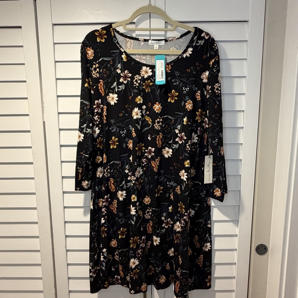 Nine Britton Skylee Brushed Knit Dress XXL Black Floral 3/4 Sleeve NEW